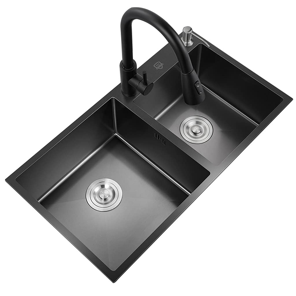 Black Stainless Steel Kitchen Sink with Faucet - Large Capacity Double Basin Nano Sink with Drain & Soap Dispenser - Perfect for Modern Homes & Restaurant Kitchens