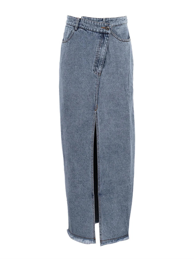 Women's High Waist Asymmetrical Denim Skirt with Patchwork Pockets - Loose Fit Casual Split Skirt for Everyday Wear, Street Style & Boho Fashion Outfits
