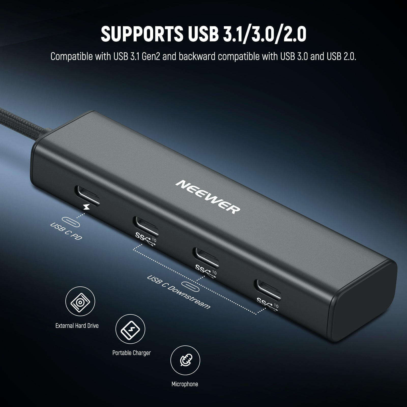 NEEWER PS020E 4-in-1 USB C Hub with 100W PD Charging, 3.1 Gen2 Ports & Cold Shoe Adapter - Perfect for MacBook Pro, iPad Pro & Laptop Accessories (Home Office, Travel, Photography)