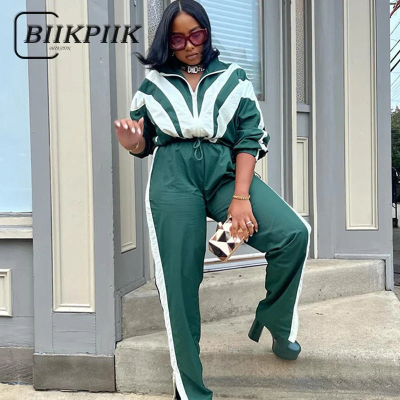 BIIKPIIK Women's Contrast Color Tracksuit Set - Sporty Fitness Fashion Two Piece Outfit with Jacket & Pants for Jogging, Gym Workouts & Street Style