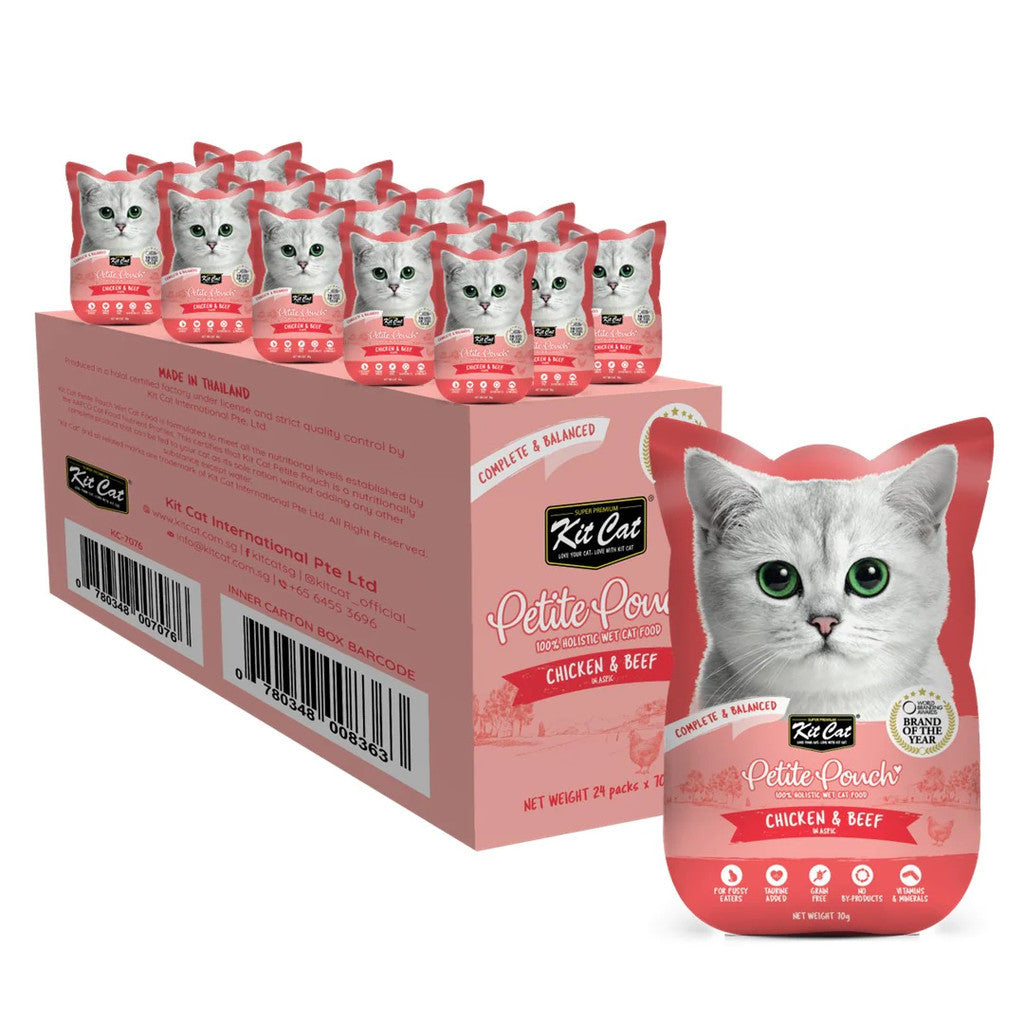 24 Pack Kit Cat Petite Pouch Grain-Free Wet Cat Food - 70g Pouch for Adult & Senior Cats - Perfect for Travel, Treats & Mealtime Variety