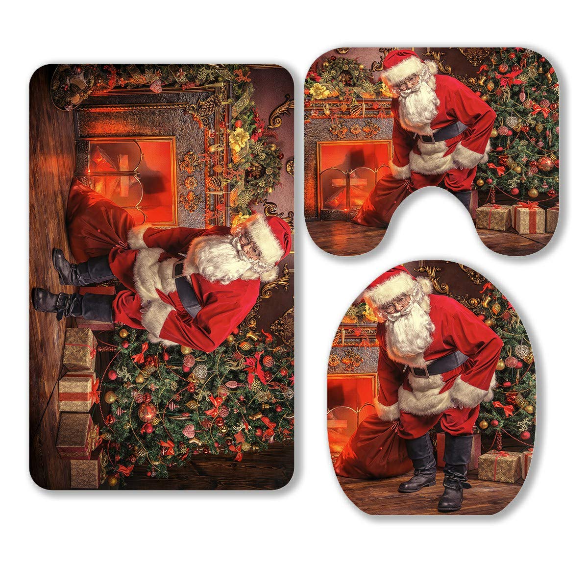 ECZJNT Santa Claus Bring The Sack with Gifts 3-Piece Christmas Bathroom Rug Set - Non-Slip Bath Mat, Contour Rug & Toilet Lid Cover - Holiday Decor for Festive Bathroom Decorating