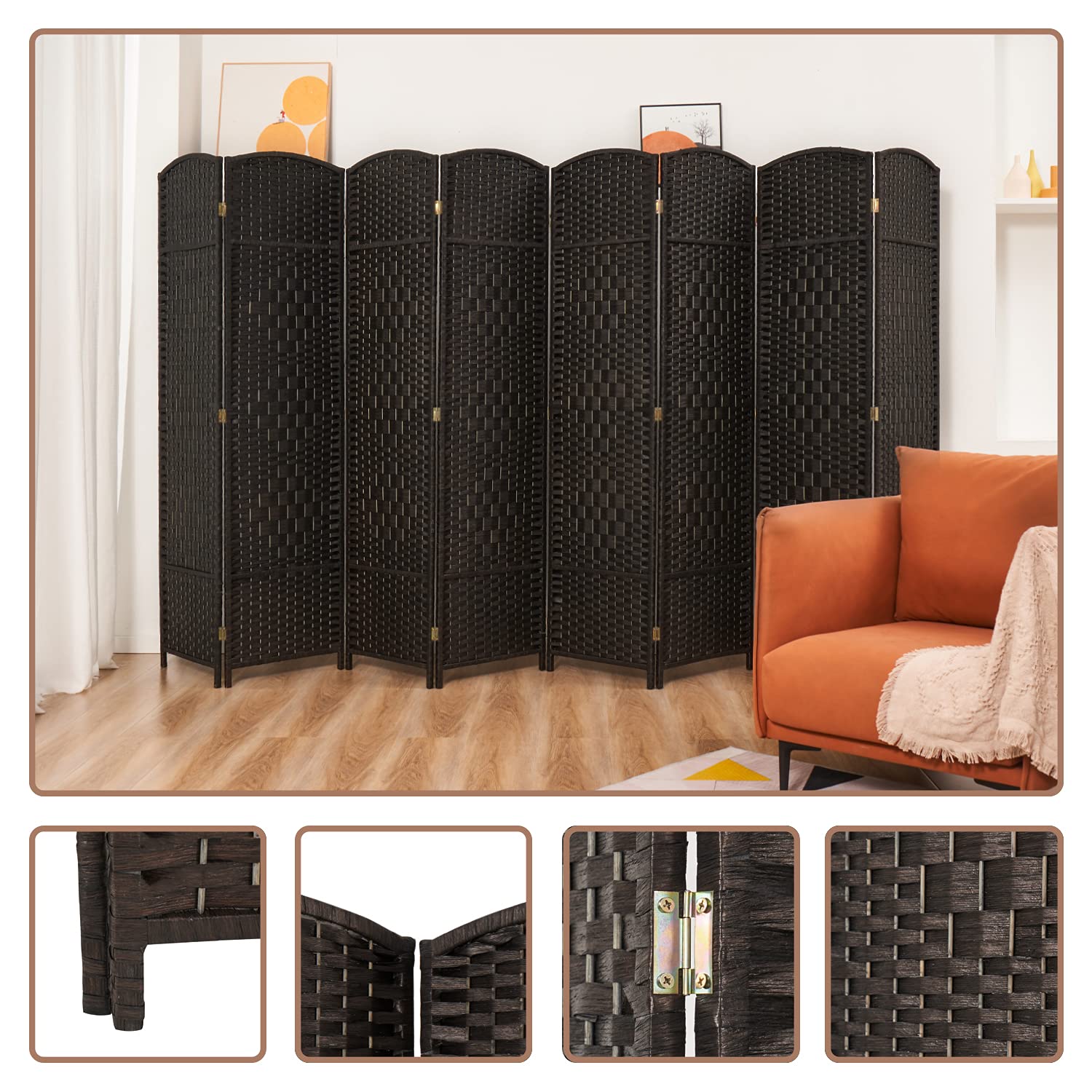 8 Panel Freestanding Room Divider - 6ft Folding Privacy Screen for Home & Office - Indoor/Outdoor Use (Coffee Brown) - Perfect for Living Rooms, Bedrooms, Patios & Workspaces