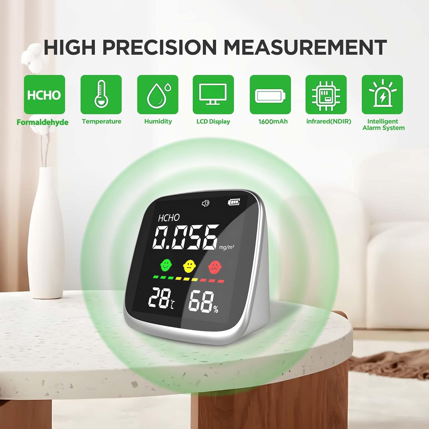 4-in-1 Professional Indoor Air Quality Monitor - Portable HCHO, Temperature & Humidity Tester for Home, Office & Confined Spaces | White Air Quality Detector for Health & Safety Monitoring