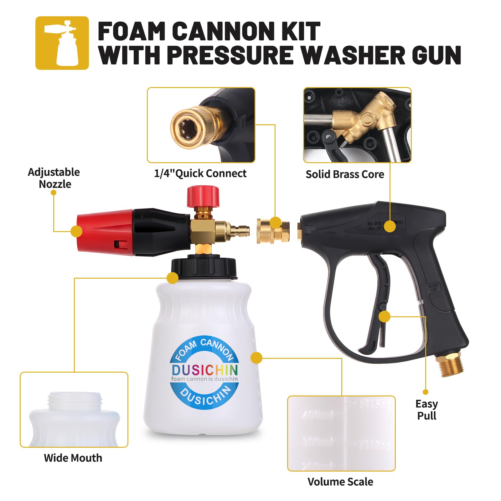 **DUSICHIN Foam Cannon for Pressure Washer - 1L Wide Neck Soap Sprayer with 5 Nozzle Tips & 1.04mm Orifice for Car Washing, Detailing, and Home Cleaning**    *(Use Cases: Perfect for washing cars, trucks, motorcycles, RVs, boats, and outdoor cleaning like patios, driveways, and siding.)*