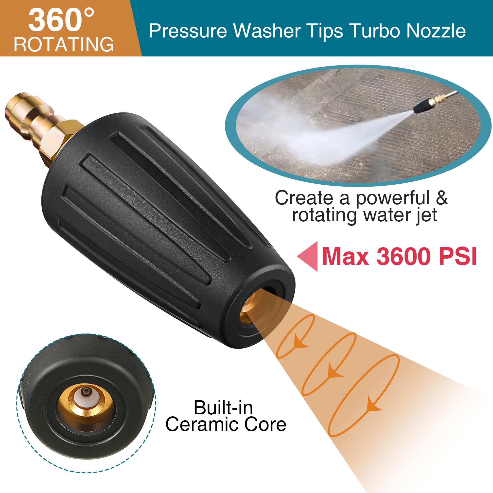 Enhon 6-in-1 Pressure Washer Nozzle Set with Quick Changeover & Turbo Nozzle - 1/4 Inch Quick Connector for Pressure Washer Wand - Perfect for Car Washing, Deck Cleaning, and Driveway Pressure Washing
