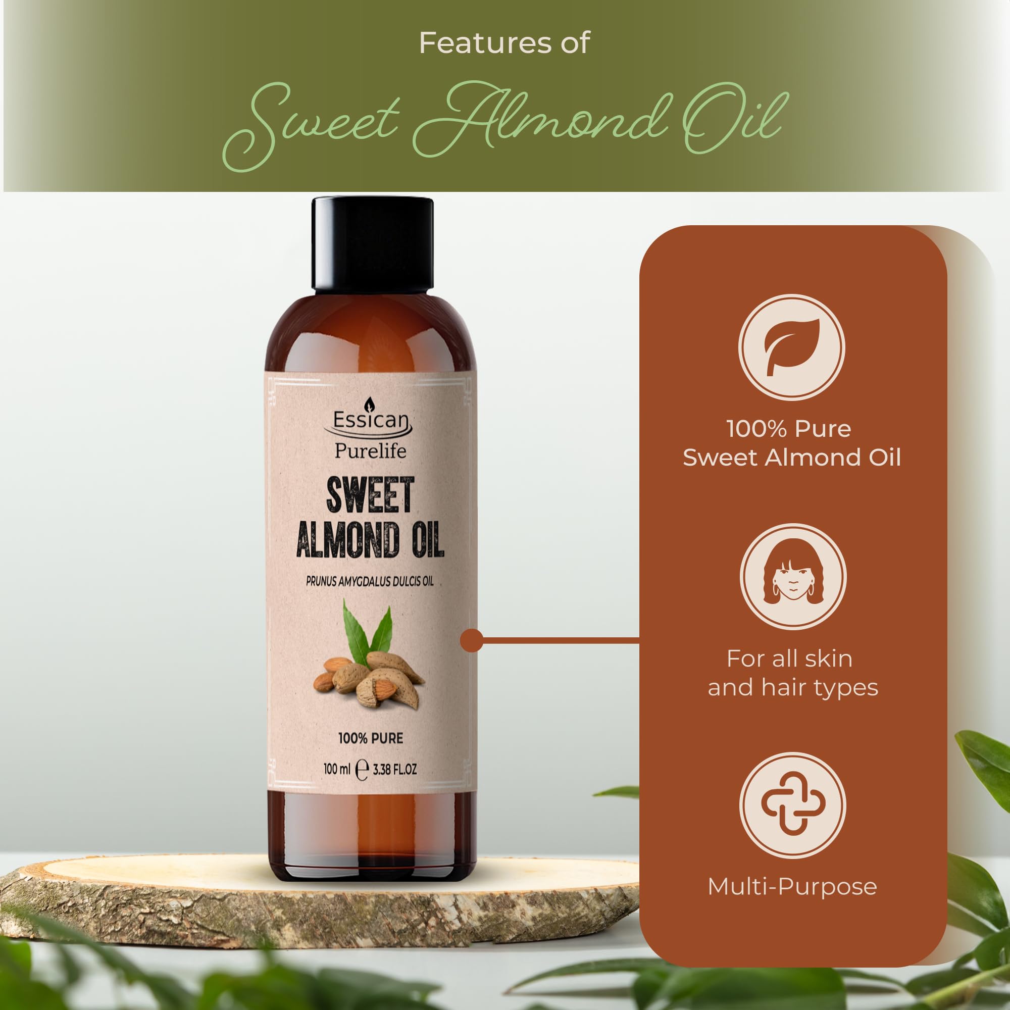 Pure Sweet Almond Oil 100ml - Organic Cold Pressed Almond Oil for Hair, Skin & Essential Oils Mixing - Natural Moisturizer for Face, Scalp & Body Care - Perfect for Massage, Aromatherapy & DIY Beauty Recipes