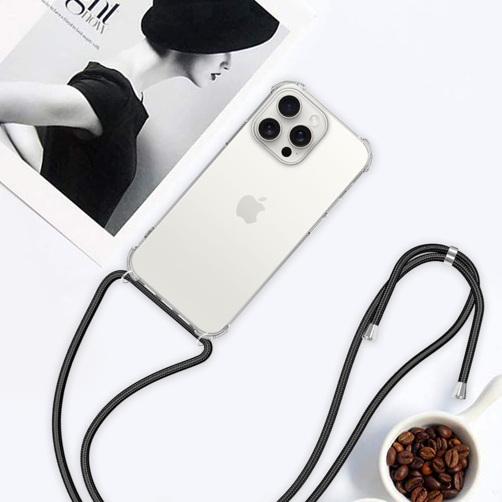 YESPURE iPhone 15 Pro Clear Case with Adjustable Shoulder Strap - Slim Shockproof Protective Phone Cover for Women & Girls | Perfect for Travel, Gym & Everyday Use - Black