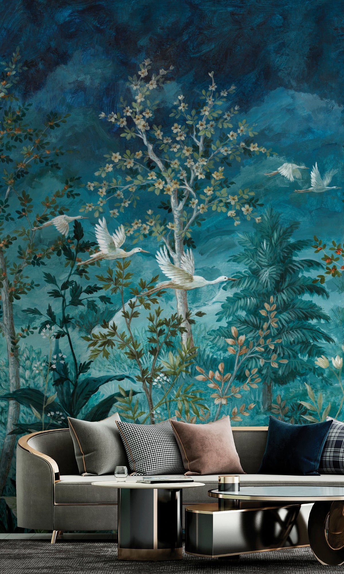 Blue Towering Trees and Midnight Sky Tropical Wallpaper RM9010 - Nature-Inspired Peel & Stick Wall Mural for Bedroom, Living Room, and Office Decor
