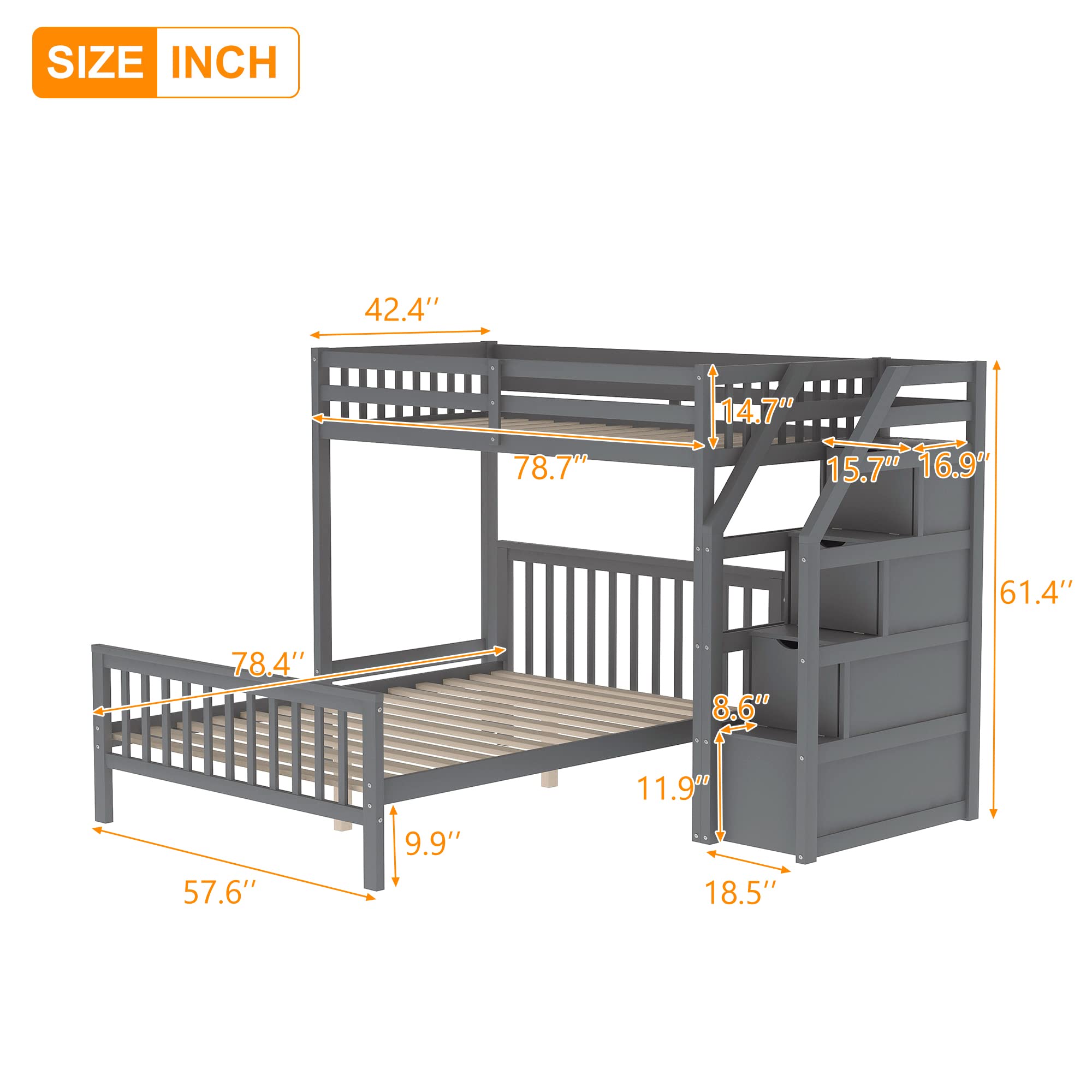 Harper & Bright Designs Twin Over Full L-Shaped Wood Bunk Beds for Kids with Stairway & Storage - No Box Spring Needed, Gray - Perfect for Small Bedrooms, Shared Kids' Rooms & Space-Saving Sleep Solutions