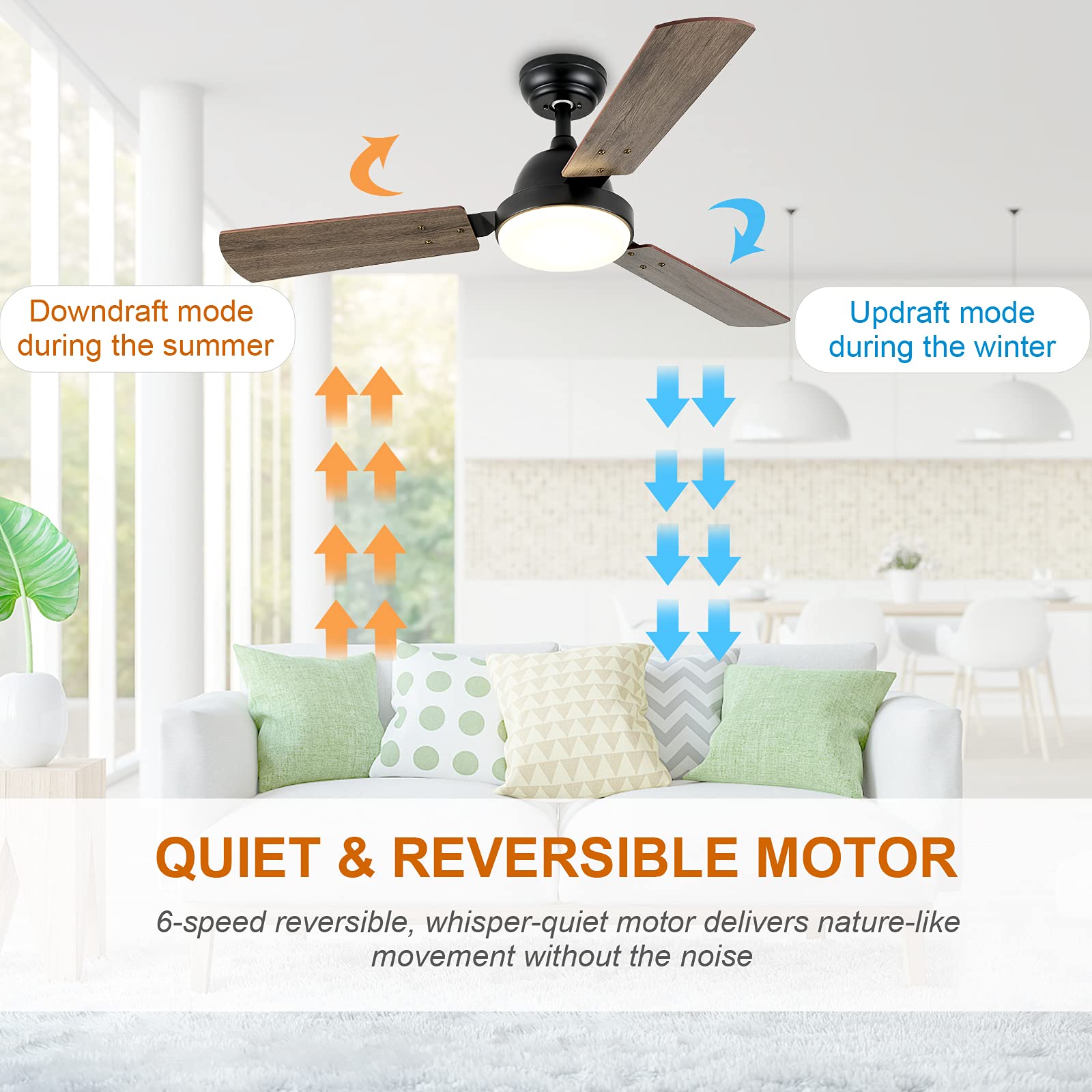 Simple Deluxe 44-inch Ceiling Fan with LED Light & Remote Control - 6 Speed Settings, 2 Rotation Modes, Timer Function - Perfect for Living Room, Bedroom & Office Cooling