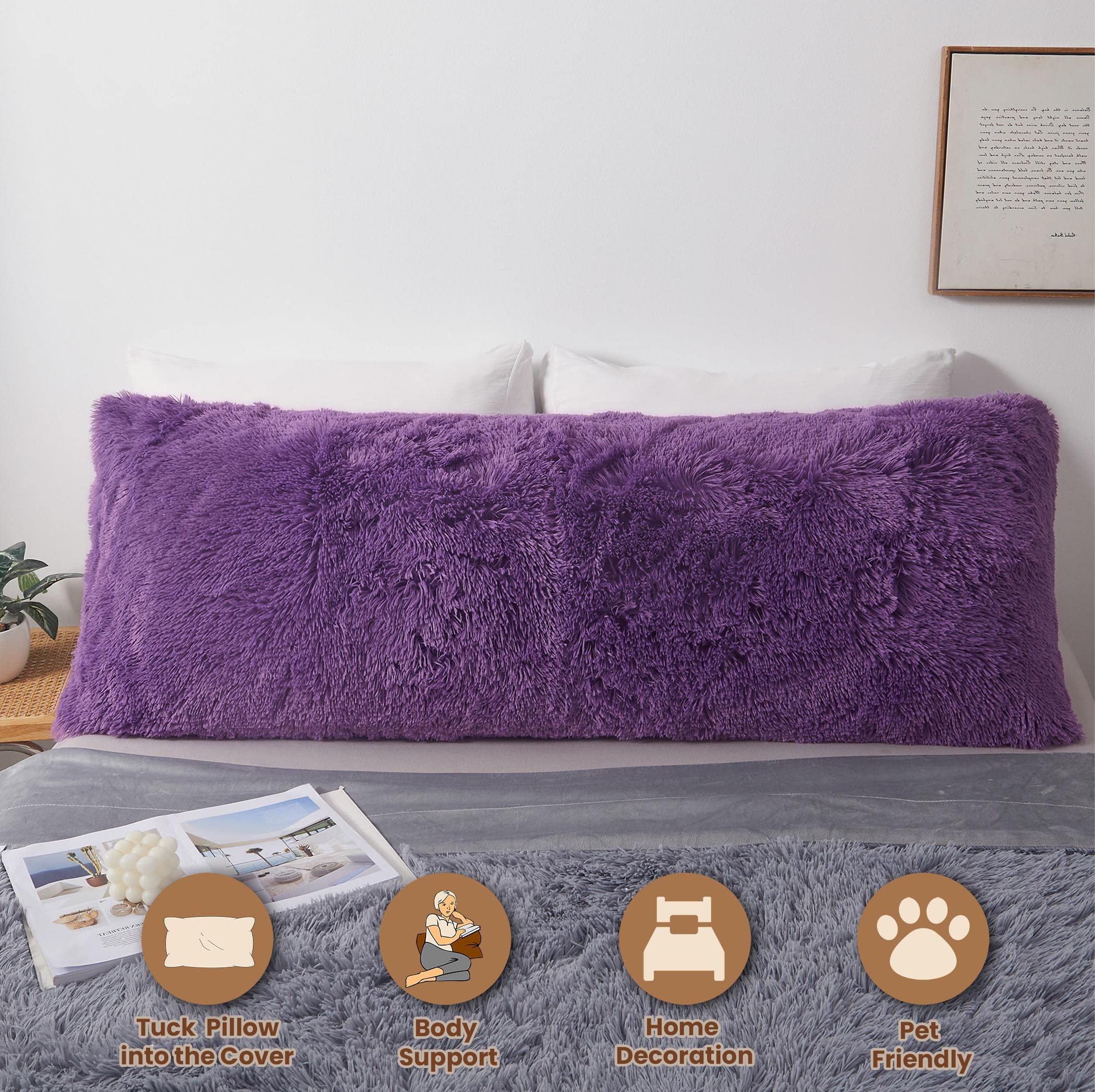 MEGO Shaggy Plush Body Pillow Cover - Soft Purple Faux Fur Fluffy Pillowcase 20x54 Inches - Boho Fuzzy Long Pillow Sham with Hidden Zipper for Bed, Couch & Living Room - Cozy Home Decor for Relaxation & Netflix Nights