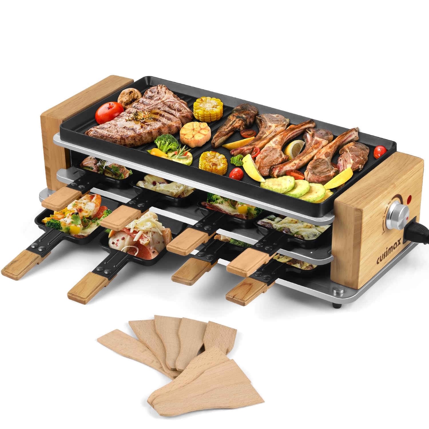 CUSIMAX Electric Indoor Raclette Grill & Korean BBQ - 2-in-1 Nonstick Grill Plate with 8 Cheese Pans, Wooden Spatulas & Base - Perfect for Family Gatherings, Dinner Parties & Holiday Entertaining