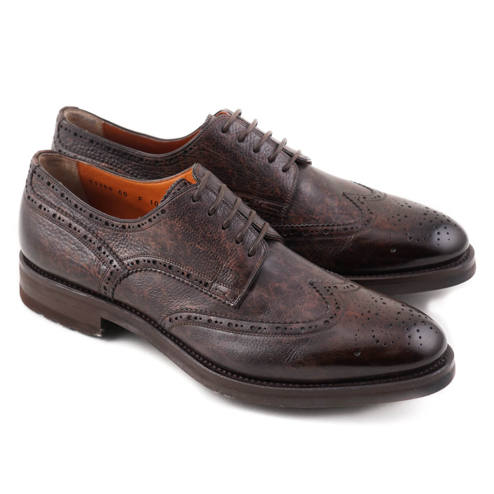 Santoni Wingtip Derby Shoes for Men - Antiqued Brown Leather Dress Shoes for Business & Formal Occasions