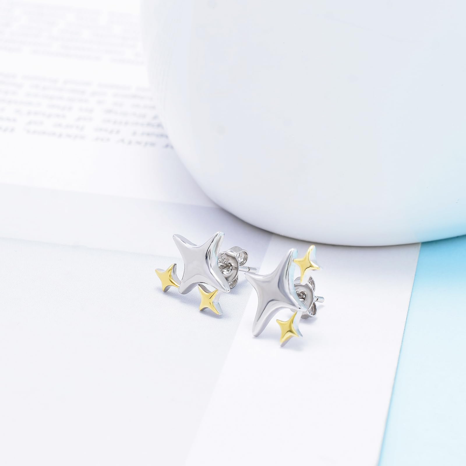 Hypoallergenic Sterling Silver Two-Tone Star Stud Earrings for Women & Teens - Minimalist Star Shaped Post Earrings for Sensitive Ears - Perfect Christmas & Birthday Gift for Her - Everyday Wear & Special Occasions