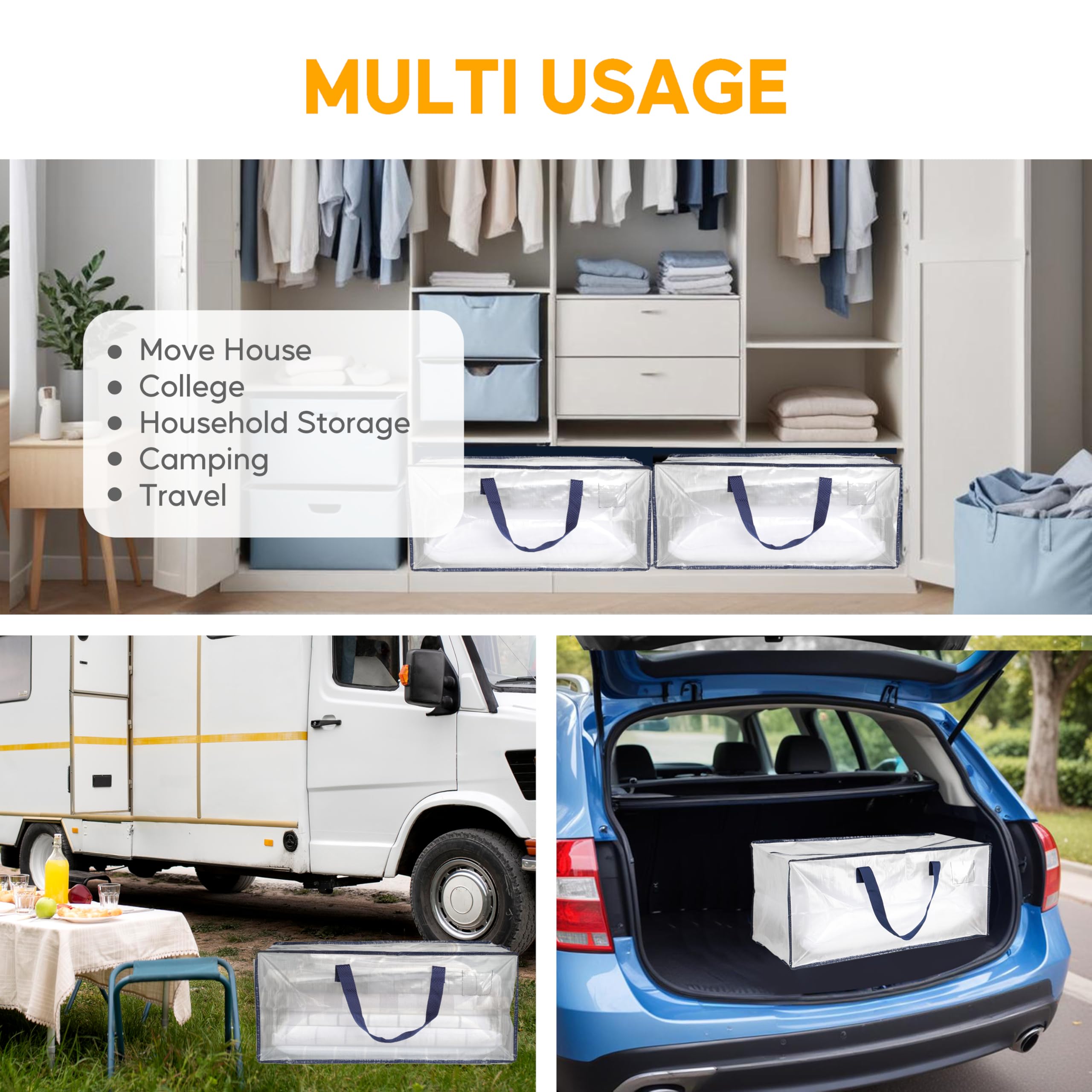 HealSmart 12 Pack Extra Large Moving Bags with Zippers & Handles - Heavy Duty Storage Totes for College Dorm, Home Organization & Moving - Clear Plastic Storage Boxes for Clothes, Bedding & Essentials