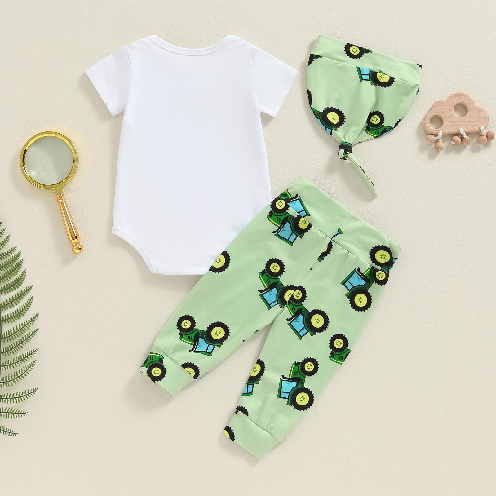Newborn Baby Boy Tractor Outfit - 100% Cotton Farm-Themed Bodysuit with Funny Letter Print + Truck Leggings & Hat Set - Perfect for Baby Shower, Coming Home, Photo Shoots & Farm-Themed Parties