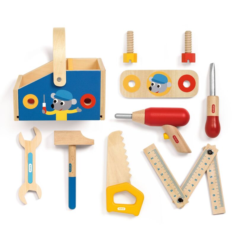 Djeco Wooden Minibrico Toolbox Set - Kids Pretend Play Tool Kit for DIY & Construction Role Play - Perfect for Preschool Learning & Birthday Gifts