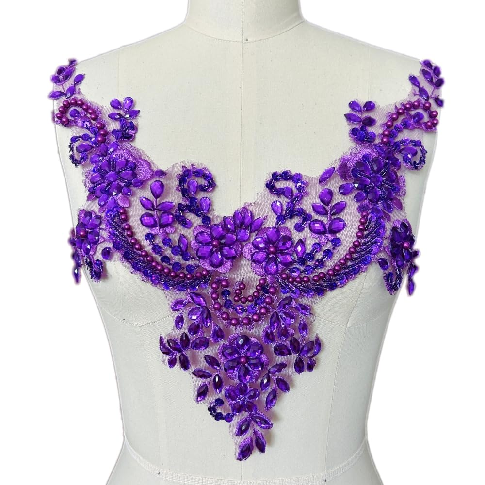 Lace Flower Beads Pearl Patches - Sew on Rhinestone Appliques for Dresses & Clothing Necklines (Purple) | Elegant Embellishments for Wedding Gowns, Prom Dresses & DIY Fashion Projects