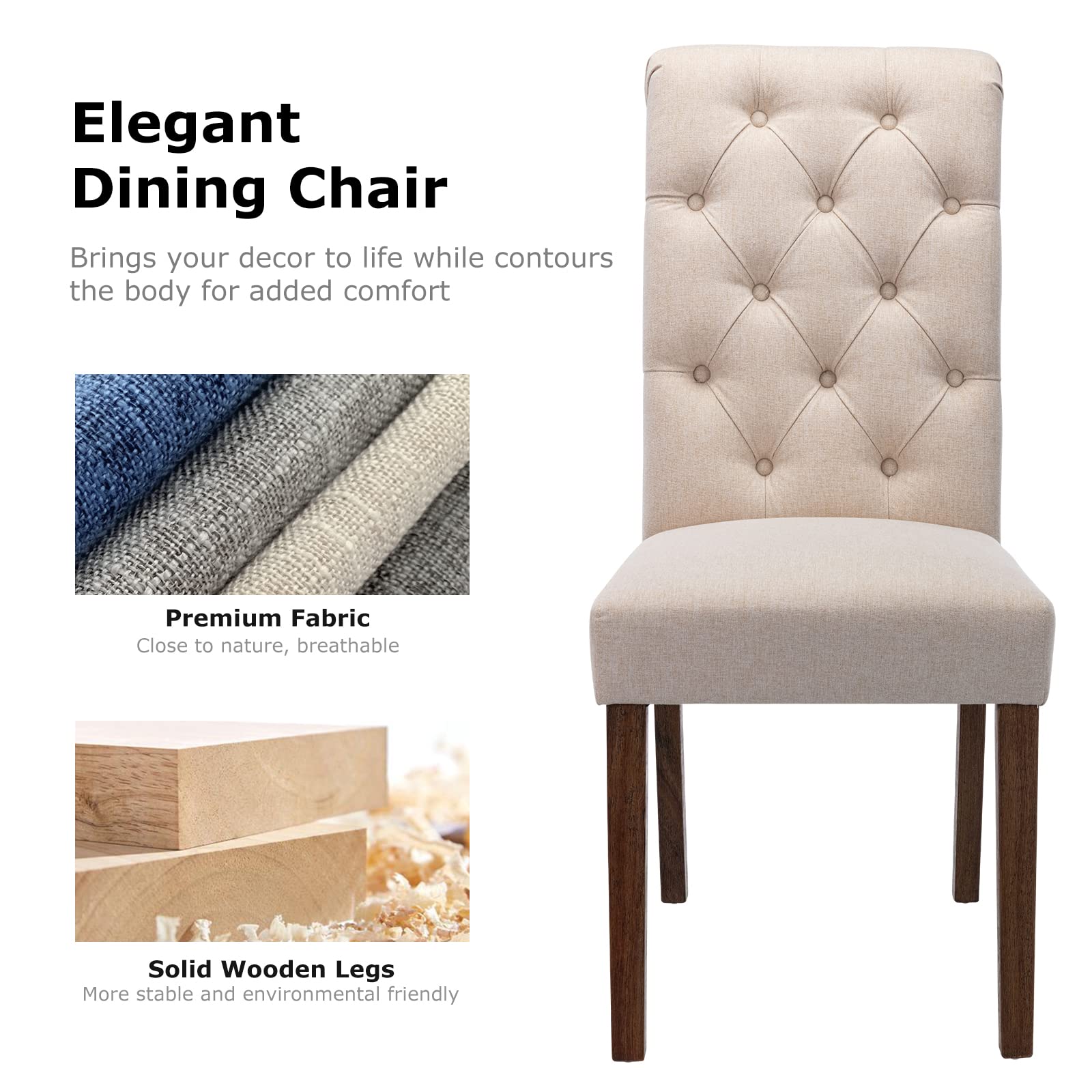 COLAMY Button Tufted Dining Chairs Set of 6 - Upholstered Fabric Parsons Chairs with Solid Wood Legs & Padded Seats for Dining Room & Kitchen - Dark Beige | Perfect for Family Dinners, Entertaining Guests & Stylish Home Decor