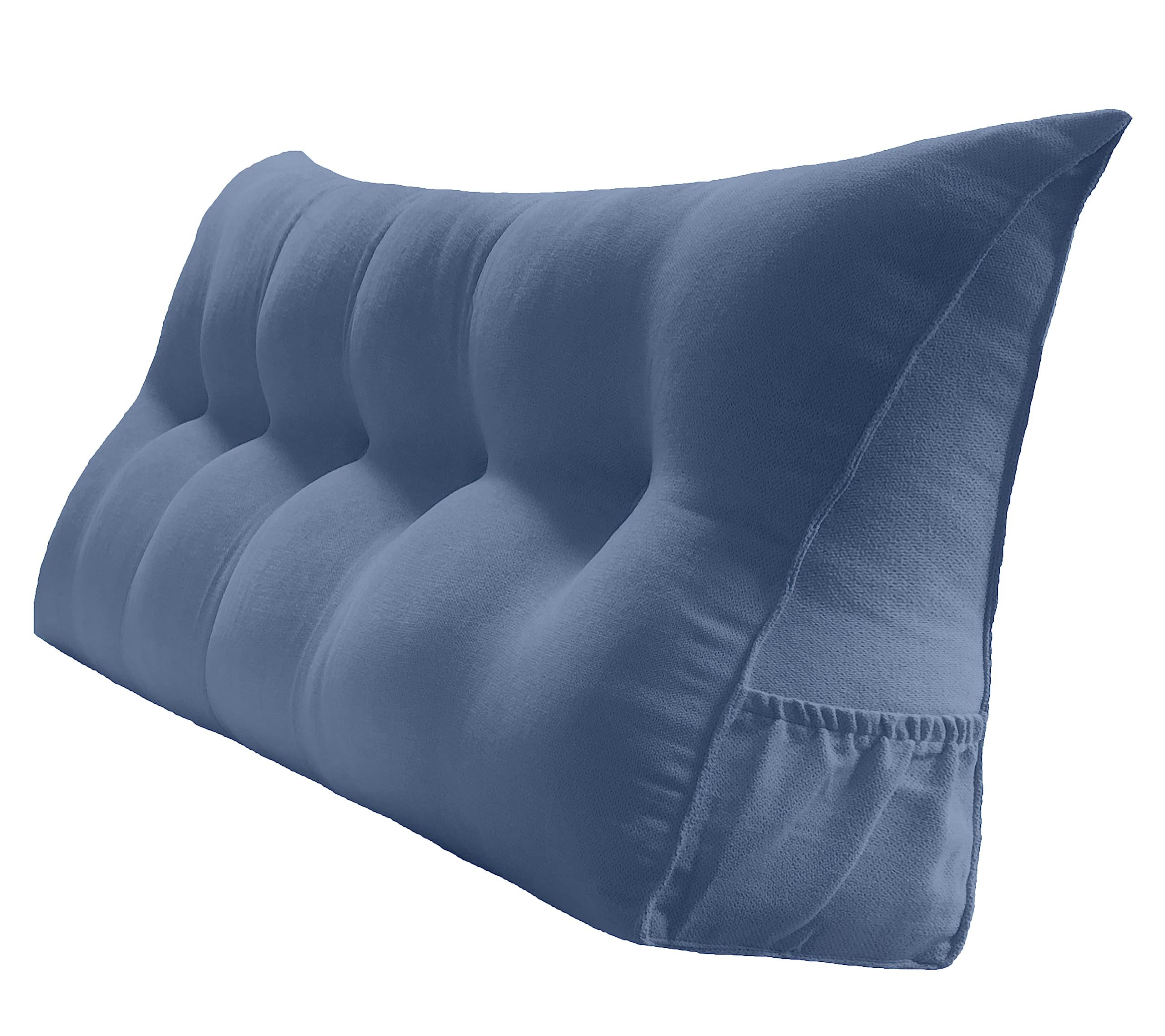 Large Triangular Reading Bed Rest Pillow with Removable Cover & Side Pockets - Queen Size (59x8x20in) - Perfect for Reading, Watching TV, or Lounging in Bed - Blue