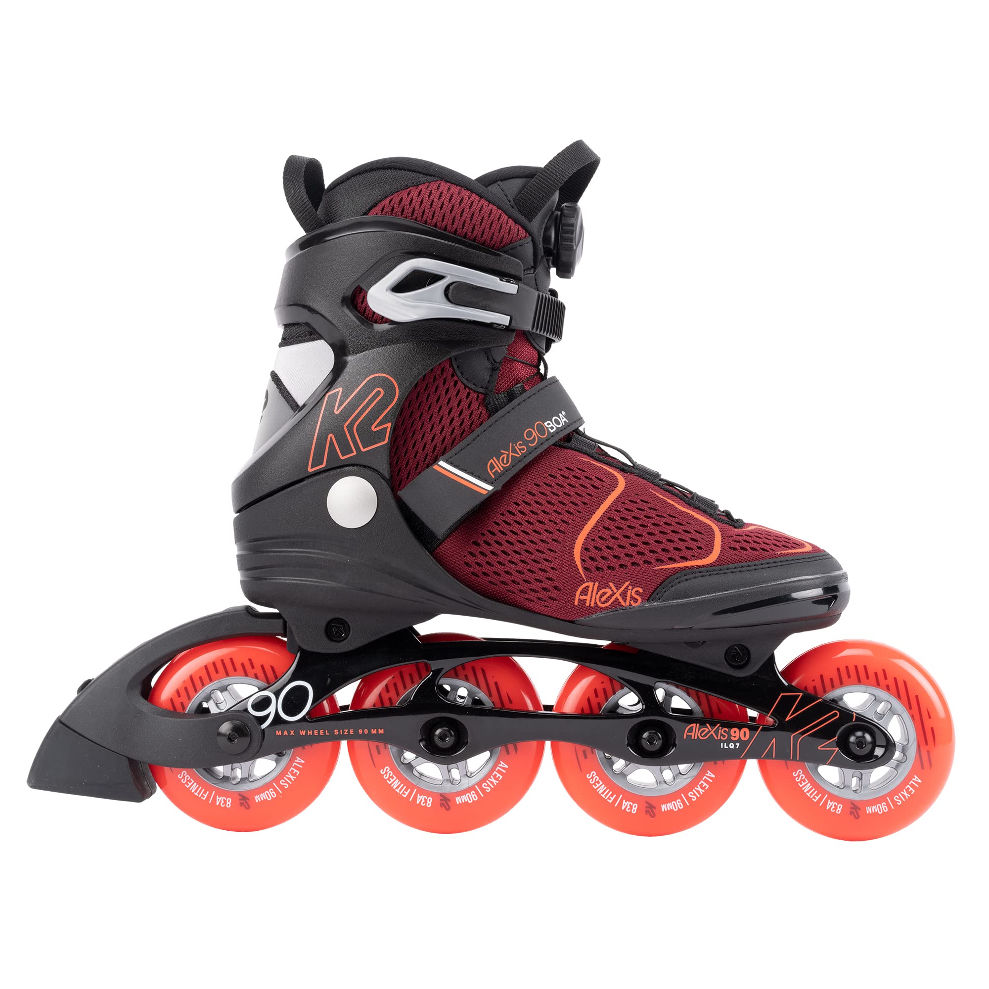K2 Alexis 90 BOA Women's Inline Skates - Burgundy/Orange - Comfortable & Adjustable Skates for Fitness, Outdoor Rollerblading & Recreation