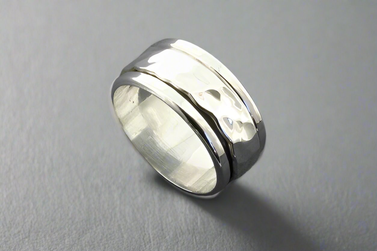 Hammered Spinner Ring for Anxiety Relief - Sterling Silver 925 for Men & Women - Stress Relief Fidget Jewelry for Office, Travel & Meditation