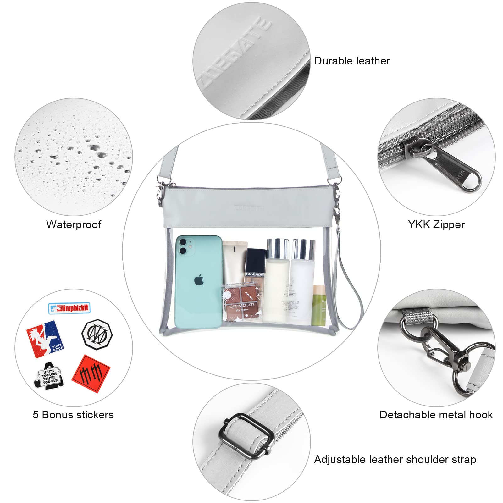 Stadium Approved Clear Crossbody Purse - Transparent Shoulder Bag for Concerts & Events with 5 Fun Stickers | Perfect for Music Festivals, Sports Games & Travel Security Checks