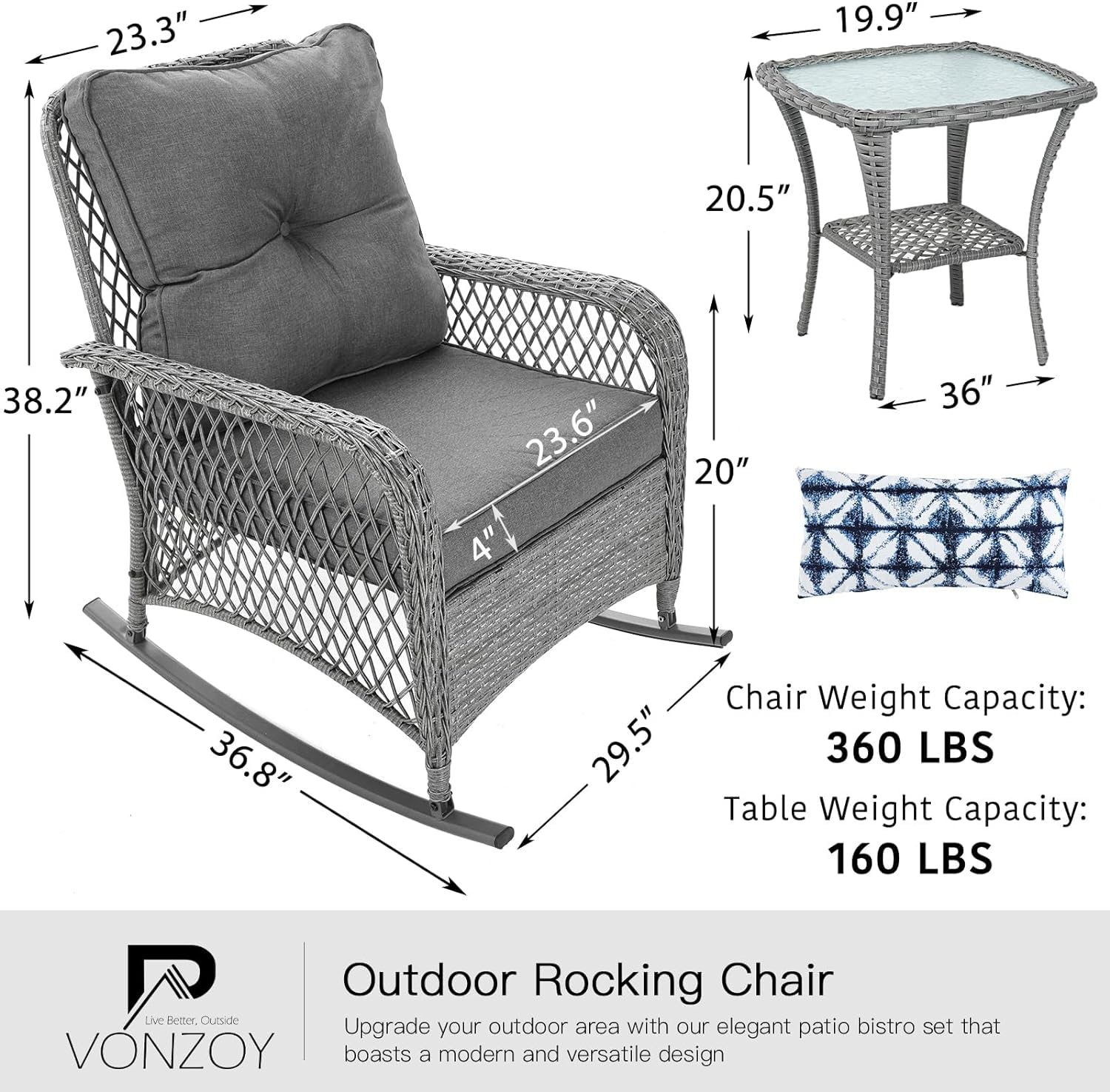 3-Piece Patio Furniture Set - Wicker Outdoor Rocking Bistro Set with Thick Cushions, Rocking Chairs & Coffee Table - Perfect for Porch, Backyard, Garden or Balcony (Grey) - Ideal for Relaxing, Entertaining & Outdoor Dining
