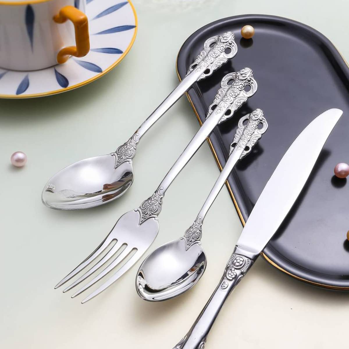 TWEE 60-Piece Vintage Relief Stainless Steel Flatware Set - Service for 12, Mirror Polished Cutlery for Home, Restaurant & Hotel Use - Durable Dishwasher Safe Silverware Set - Perfect for Fine Dining, Weddings & Formal Events
