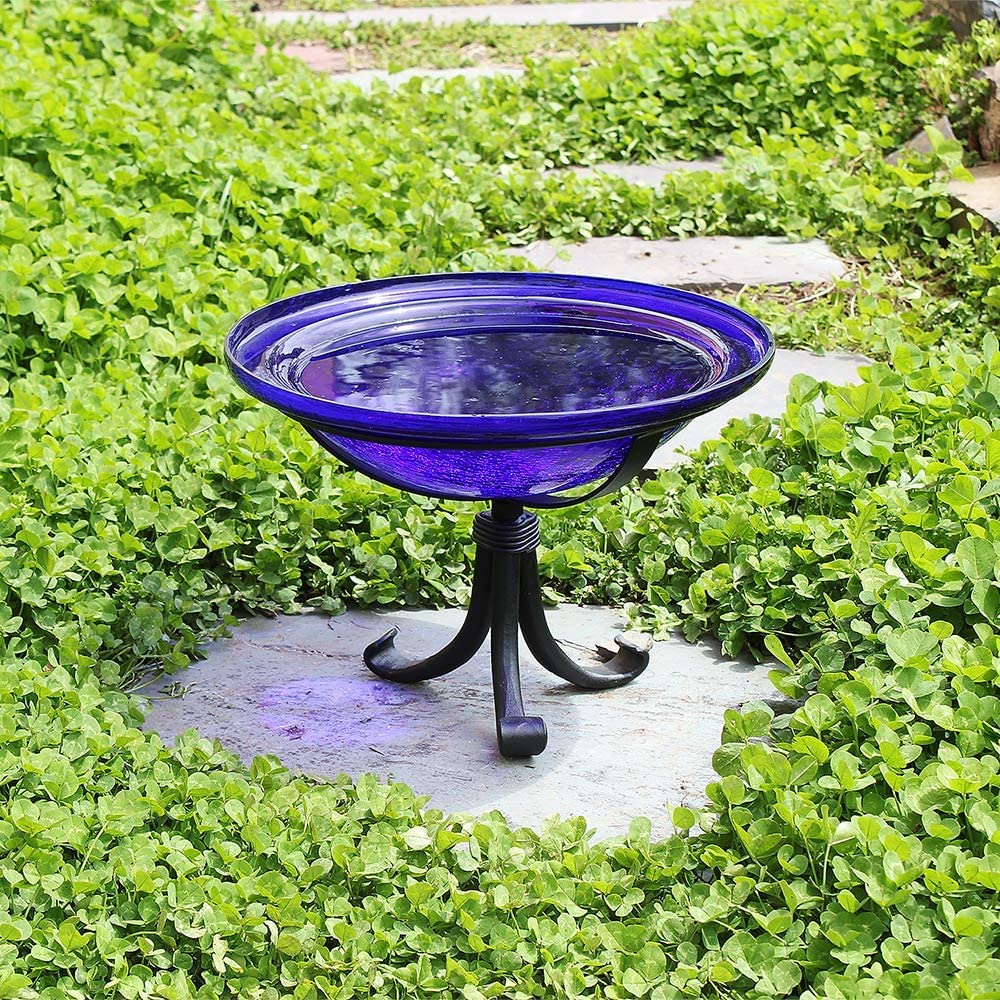 12 Inch Cobalt Blue Crackle Glass Tripod Stand Bird Bath for Garden - Outdoor Decorative Bird Feeder with Elegant Crackle Finish, Perfect for Attracting Birds to Your Backyard or Patio