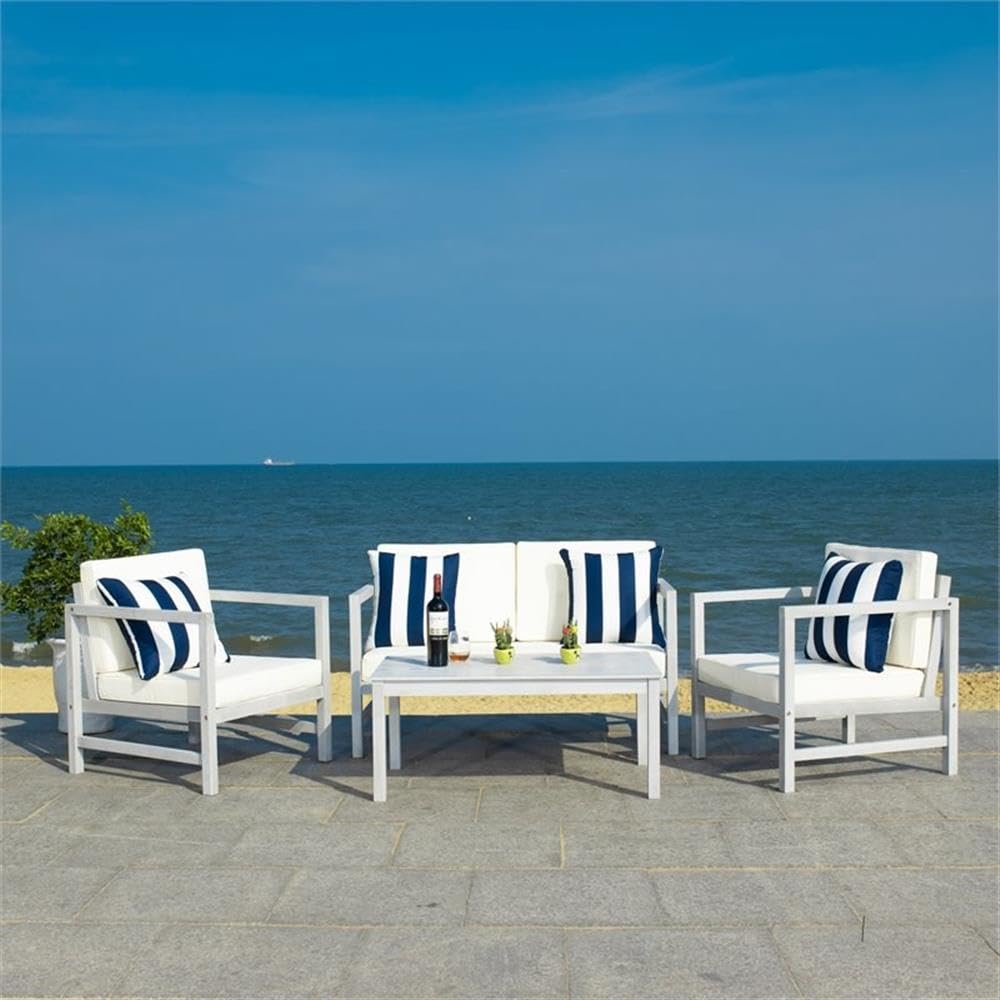 SAFAVIEH Outdoor Collection Montez Grey/Beige Striped Cushion Pillows 4-Piece Set - Waterproof Patio Conversation Furniture for Garden, Deck & Poolside