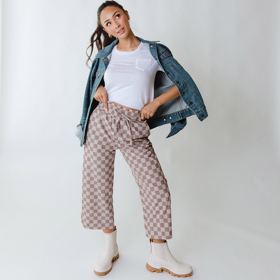 Audrey Wide Leg Pants for Women - Brown Checkered High Waist Trousers | Comfortable Office & Casual Wear | Perfect for Work, Travel & Everyday Outfits