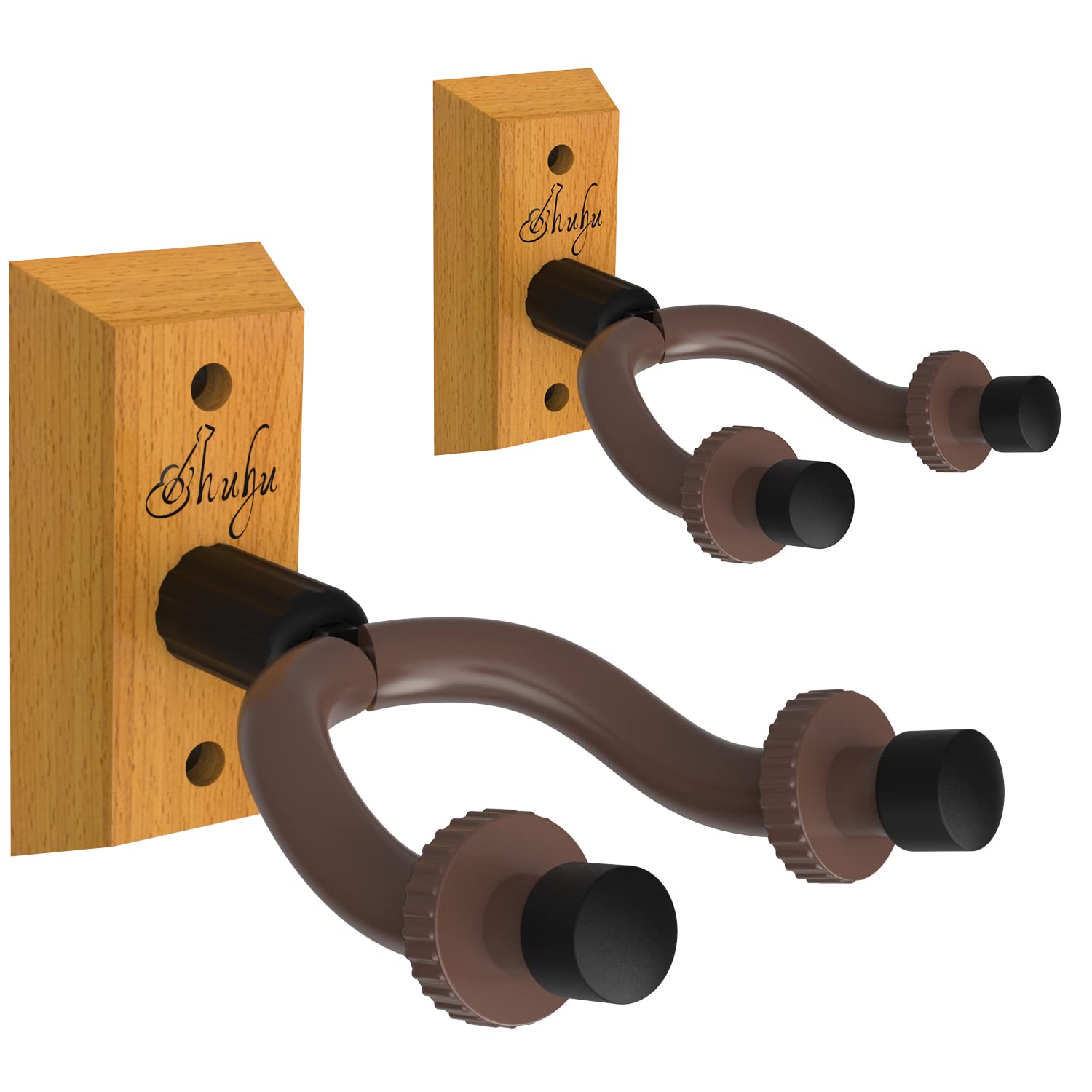 Ohuhu 2-Pack Rotatable Hardwood Guitar Wall Hanger with Screws - Adjustable Stopper Hook Holder for Acoustic, Electric Guitar, Bass, Banjo, Ukulele & Mandolin - Perfect for Home, Studio & Music Room Organization (Natural Wood)