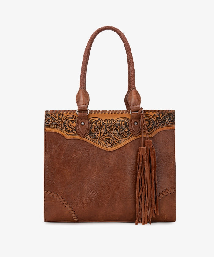 Montana West Genuine Leather Tooled Fringe Tote Bag for Women - Stylish Western Handbag for Work, Travel & Everyday Use