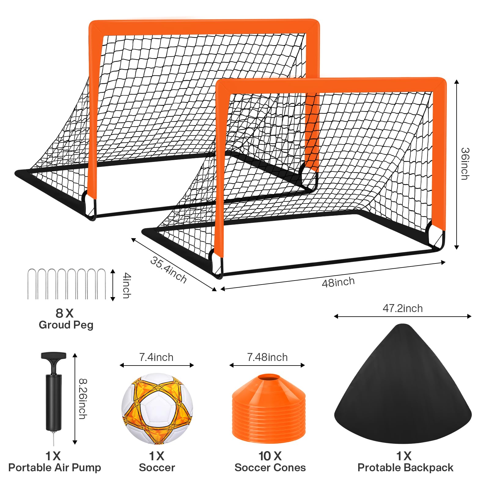 Portable 4x3 ft Orange Soccer Goal Set for Backyard Training - Includes 2 Goals, Inflator, Soccer Ball & Cones | Perfect for Youth Practice, Backyard Games & Team Drills