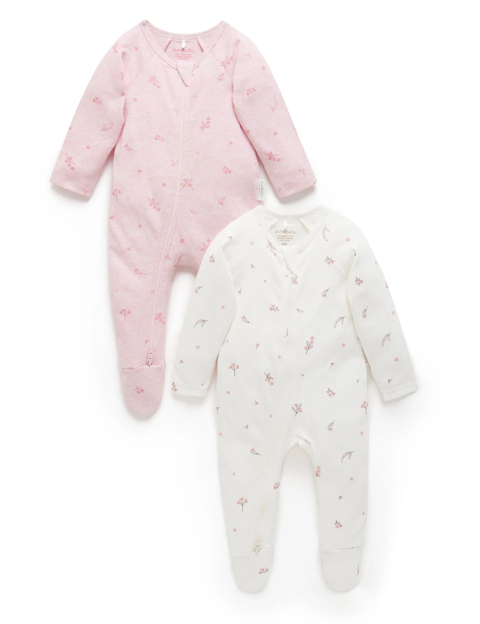 Purebaby Organic Zip Growsuit 2 Pack - Soft Cotton Baby Romper for Boys & Girls | Pale Pink Blossom | Perfect for Newborns, Infants & Toddlers | Ideal for Playtime, Sleepwear & Everyday Outfits