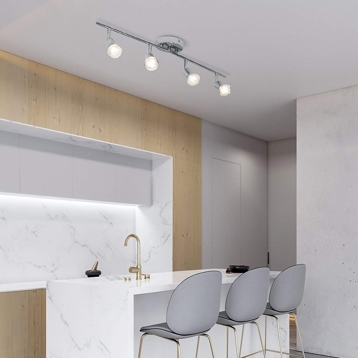 QCYUUI Modern 4-Light LED Track Lighting Kit - Adjustable Flush Mount Ceiling/Wall Spot Lights with Chrome Rotatable Heads - Includes 4×GU10 Bulbs - Perfect for Kitchen, Living Room, Dining Room & Retail Spaces