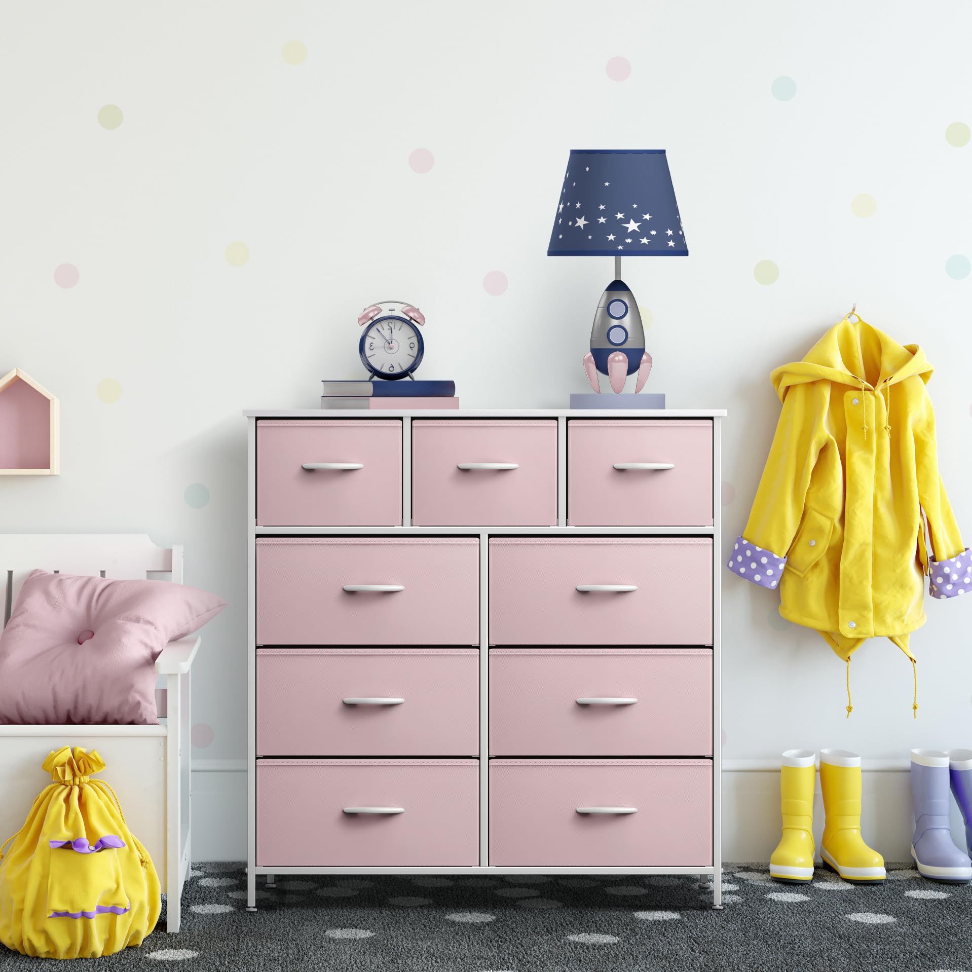 Sorbus 9-Drawer Storage Dresser - Wood Top & Steel Frame Fabric Bin Organizer for Bedroom, Hallway, Closet & Office - Solid Pink | Space-Saving Furniture for Small Apartments & Dorm Rooms