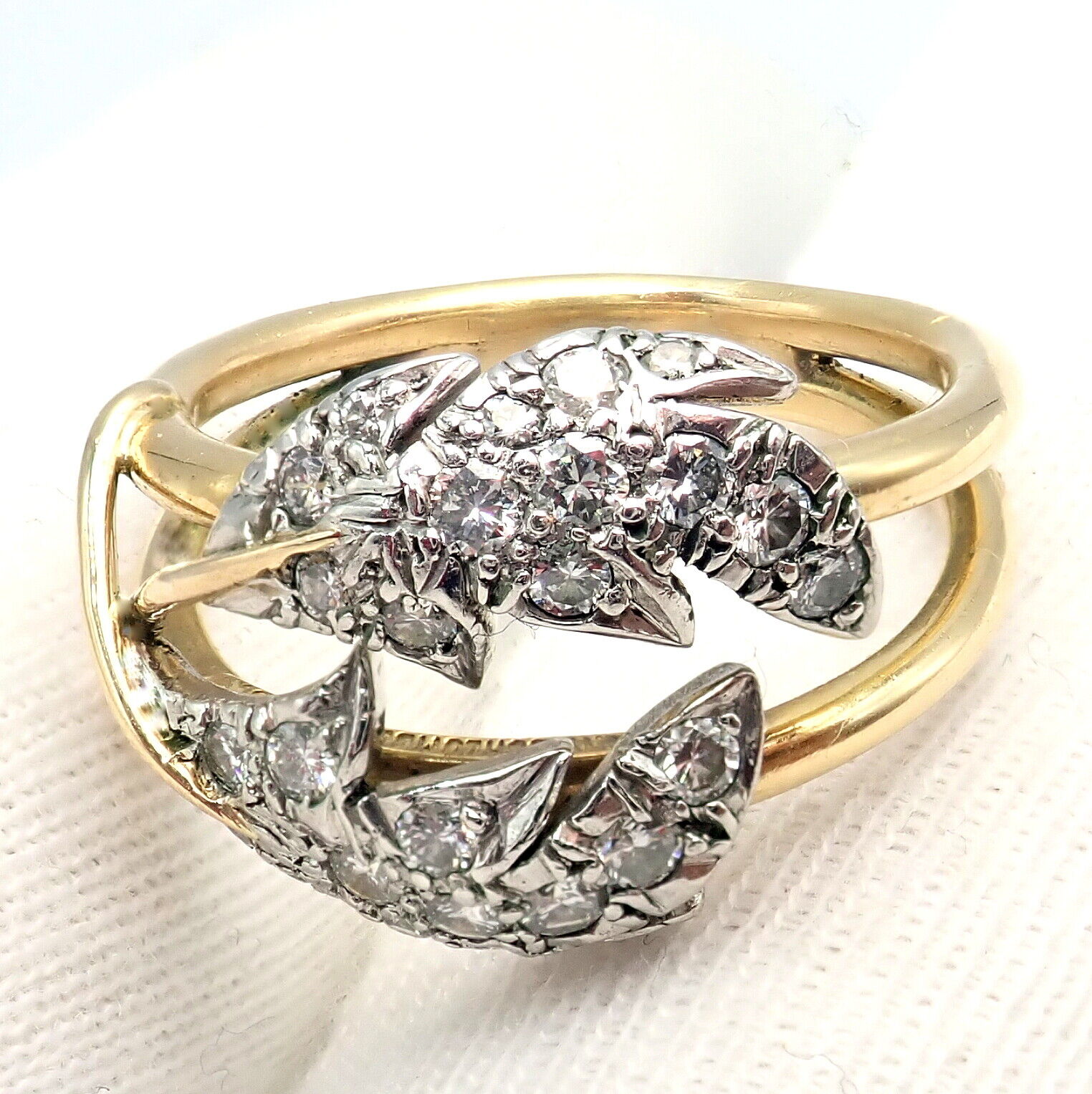Authentic Tiffany & Co. Schlumberger Diamond Ring in 18K Yellow Gold & Platinum - Elegant Two Leaf Design for Weddings, Anniversaries & Special Occasions
