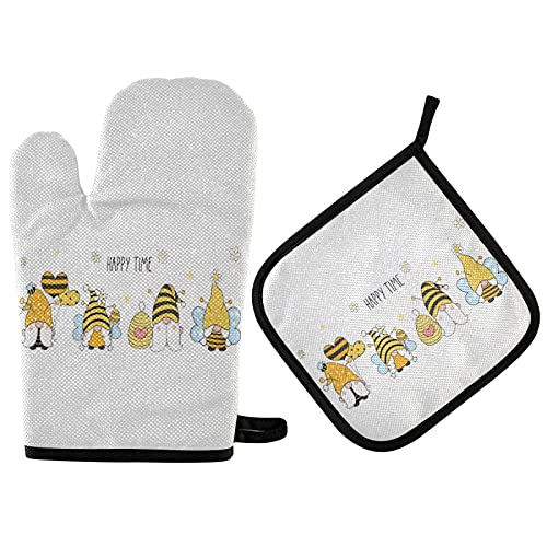 Bee Gnomes Spring Oven Mitts & Pot Holder Set - Heat Resistant Kitchen Gloves for Baking, Grilling, BBQ - Summer Butterflies Design Home Decor - Perfect for Cooking, Stove Use & Holiday Gifts