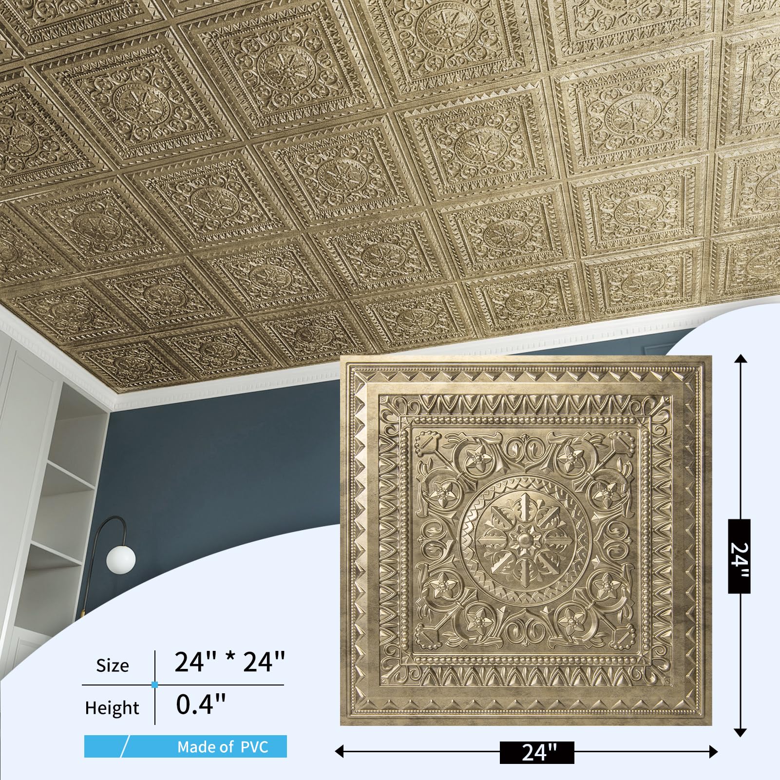 Art3d Drop Ceiling Tiles 2'x2' - 12 Pack Antique Gold Plastic Panels (48 Sq.ft) for Easy Glue-Up Installation - Perfect for Home Office, Basement & Commercial Ceiling Renovations