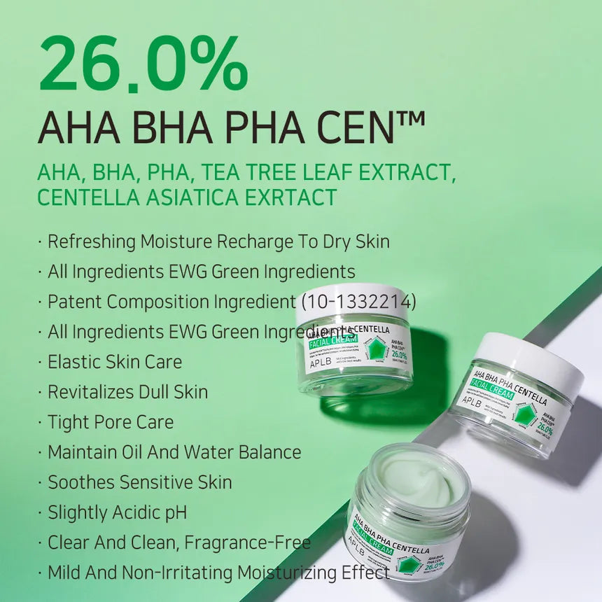 APLB AHA BHA PHA Centella Facial Cream 55ml - Korean Skin Care for Acne, Wrinkles & Brightening | Daily Moisturizer for Sensitive Skin | Perfect for Night Routine & Post-Workout Skincare