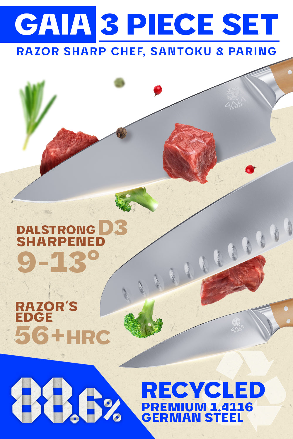 Premium 3-Piece Knife Set - Chef, Santoku & Paring Knives | High-Performance Kitchen Cutlery | Eco-Friendly & Sustainable Materials | Dalstrong Gaia Series | Perfect for Home Chefs & Professional Cooking
