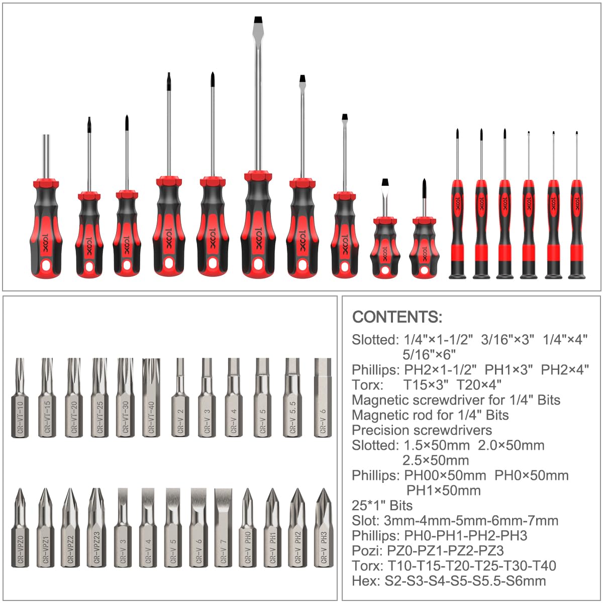XOOL 42-Piece Magnetic Screwdriver Set with Storage Tray - Torx, Phillips, Flat, Hex & Pozi Bits - Non-Slip Grip for DIY, Home Repair & Electronics Assembly