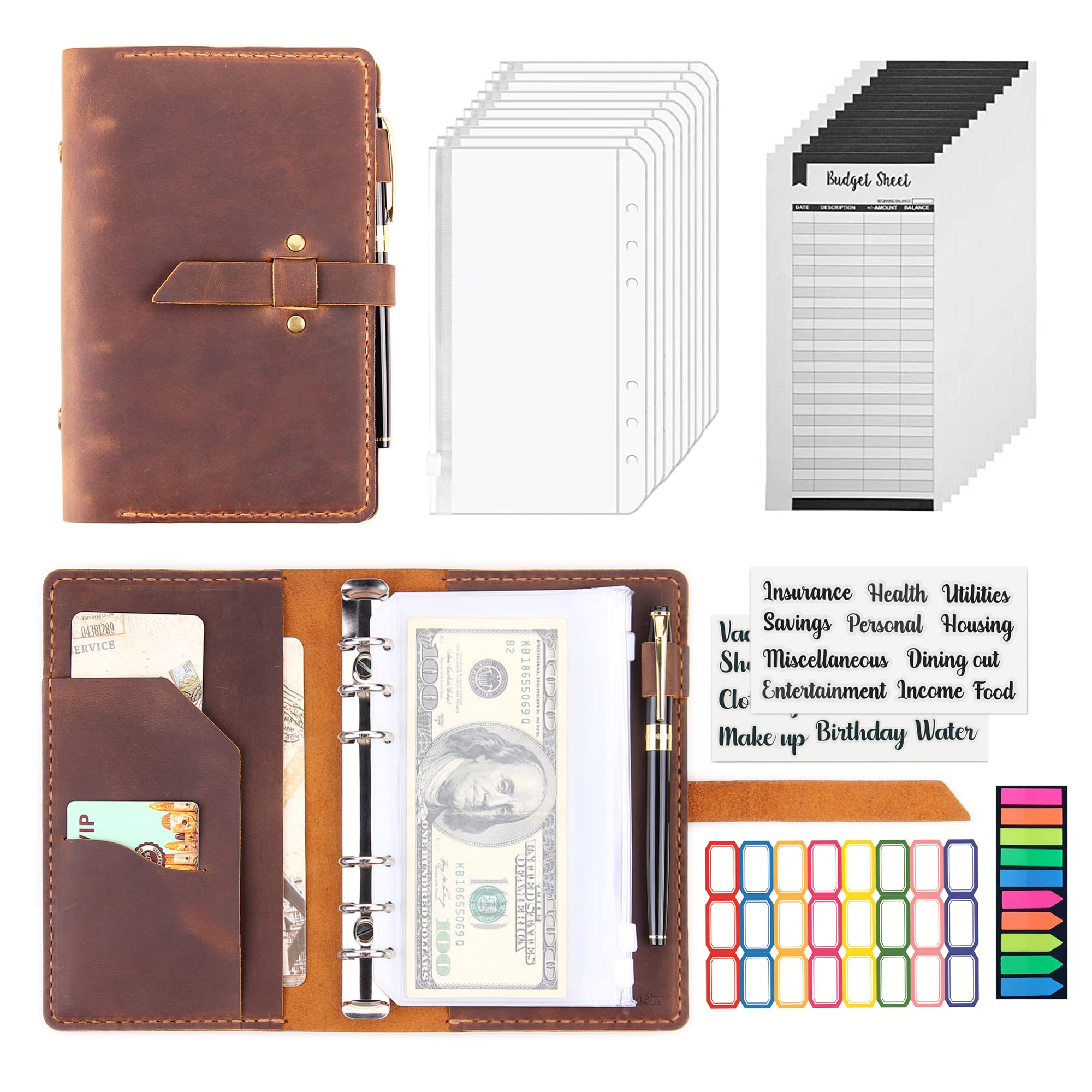Premium Handmade Leather A6 Binder with Cash Envelopes - Money Saving Budget Planner, Cash Organizer for Budgeting & Finance Management - Brown - Perfect for Personal Finance, Cash Envelope System & Expense Tracking
