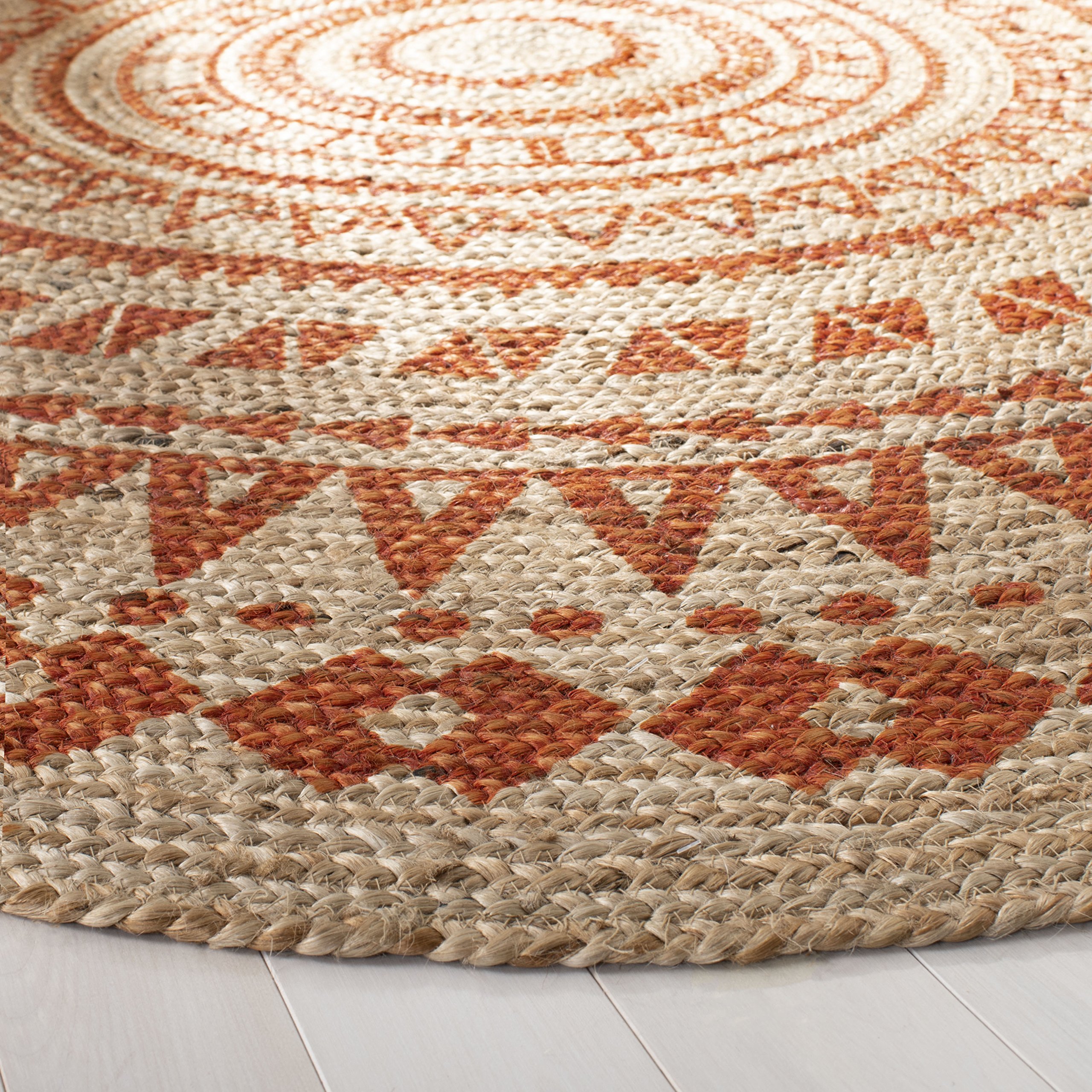 SAFAVIEH Handmade Boho Braided Jute Area Rug - 8' Round Orange Natural Fiber (NF802B) | Perfect for Living Room, Bedroom & Boho Decor