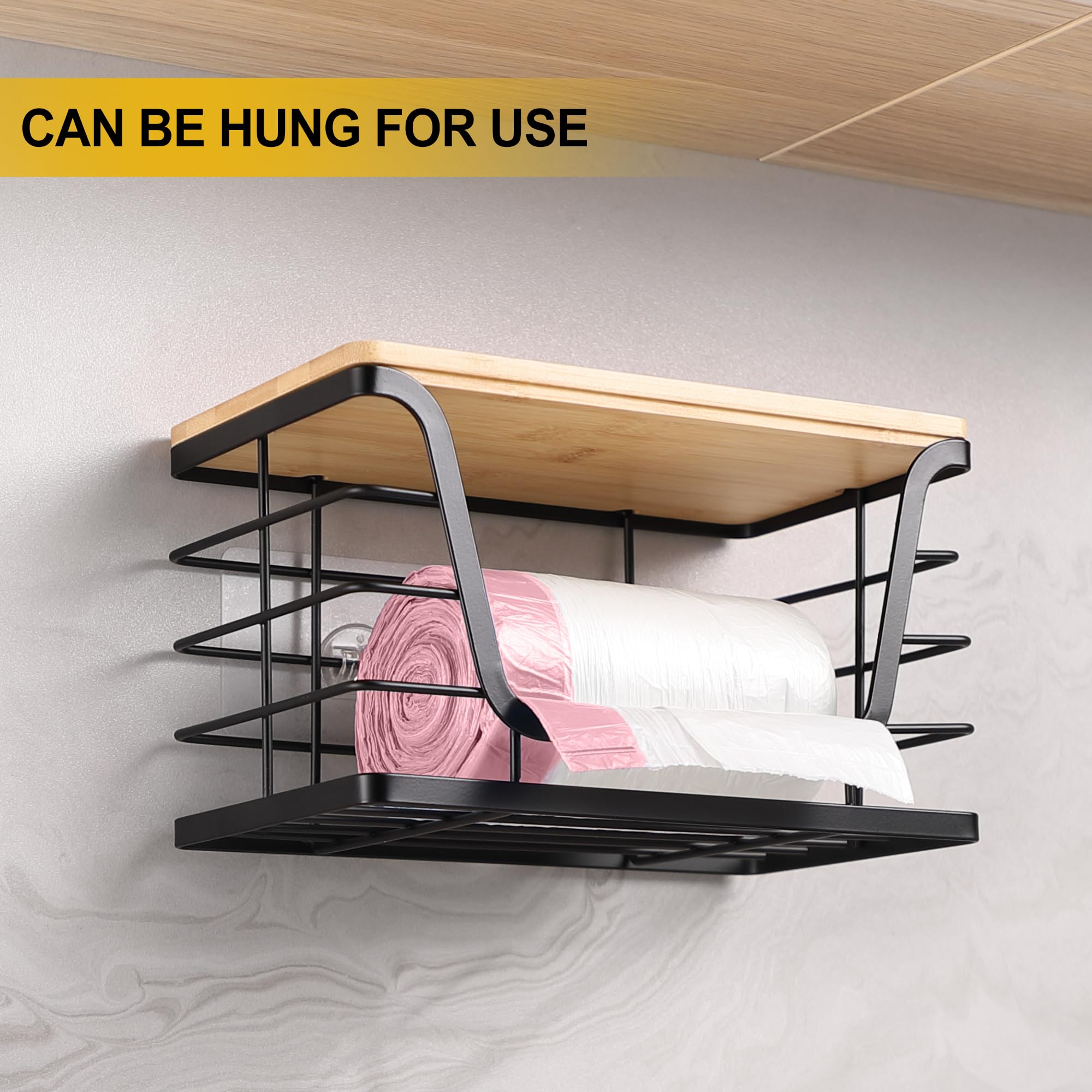 2 Pack Stackable Bamboo Top Storage Organizers for Kitchen & Laundry - Wall Mount Trash Bag Holder & Garbage Bag Dispenser - Perfect for Pantry, Bathroom, Garage Organization & Waste Management