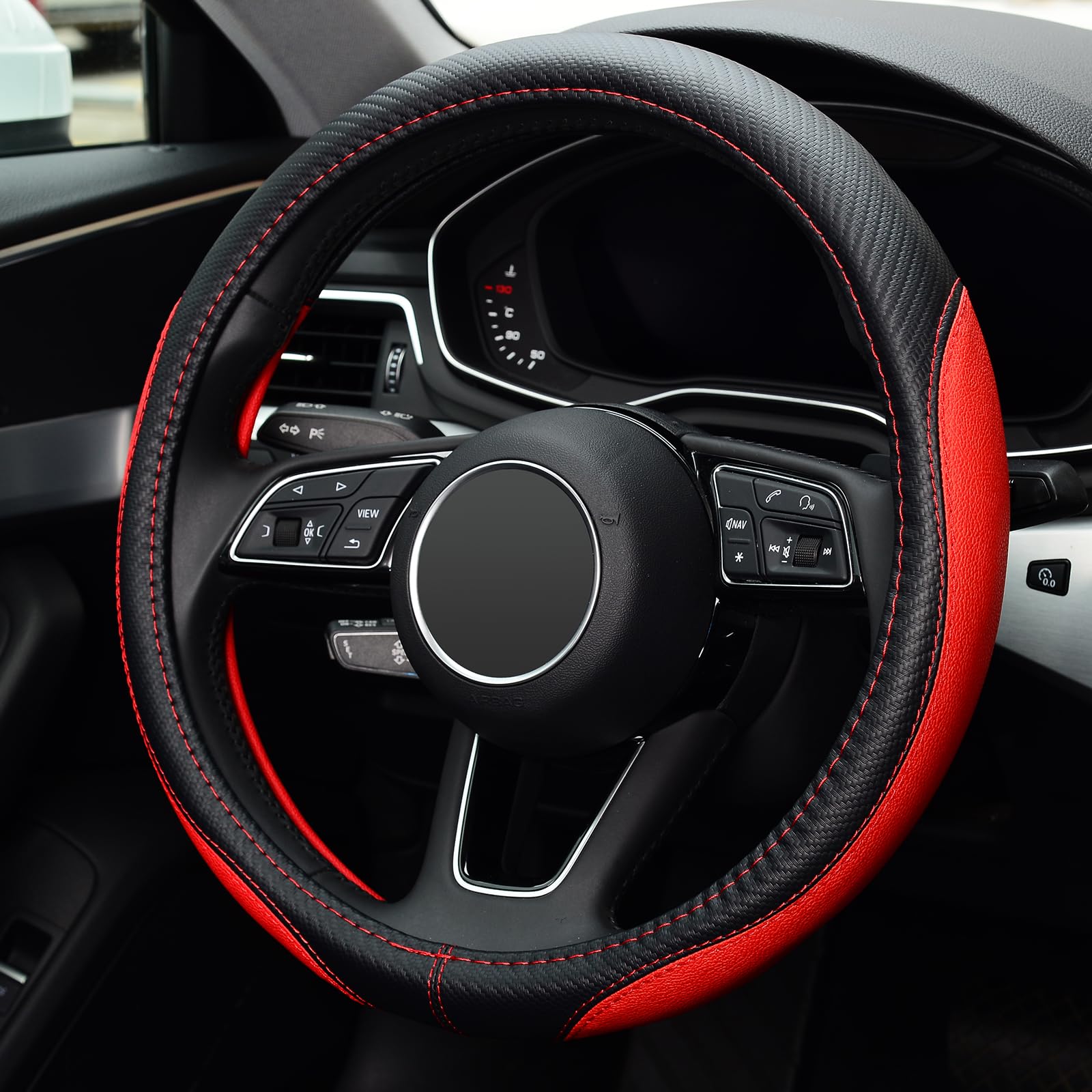 Premium Microfiber Leather Steering Wheel Cover - Universal 15 Inch Anti-Slip Grip for Cars, SUVs & Trucks (Red) - Perfect for Commuting, Road Trips & Enhanced Driving Comfort