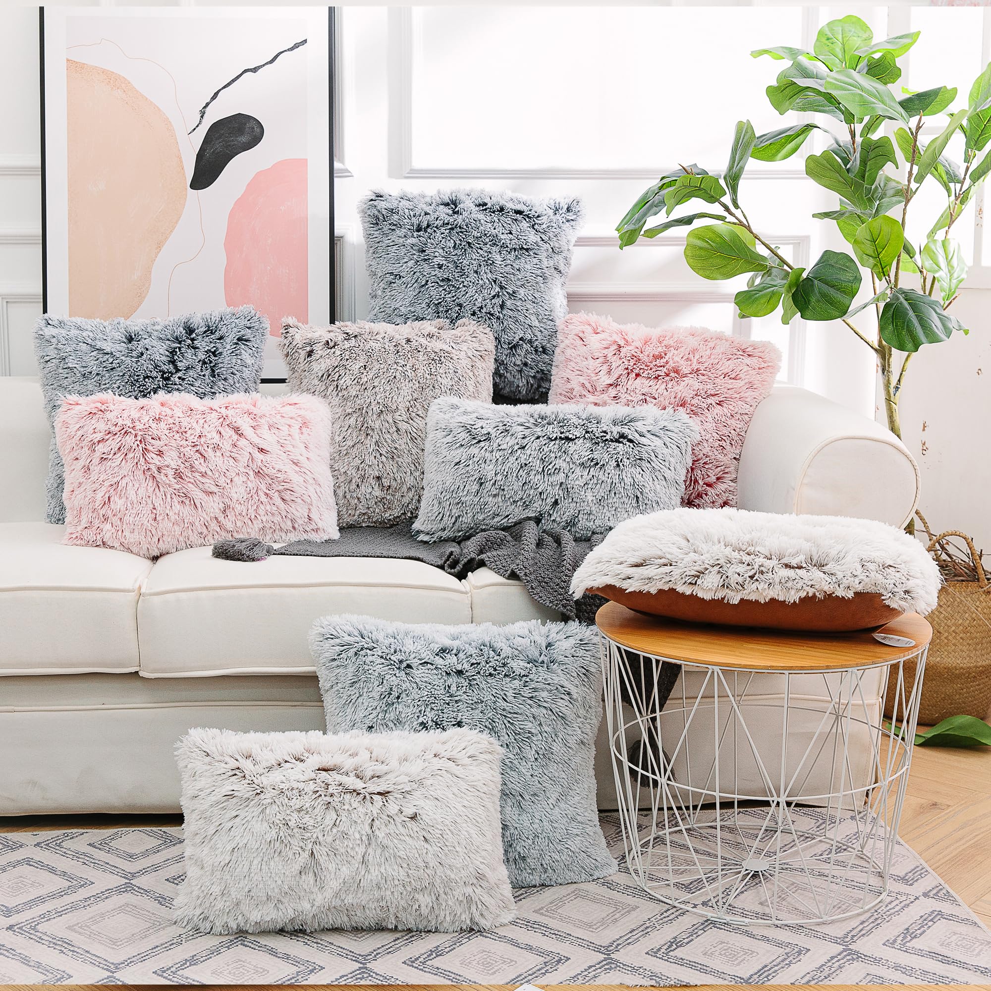 NordECO HOME Luxury Soft Faux Fur Fleece Pillow Covers 16x16 Inch - Grey Ombre 2 Pack for Sofa, Bed & Home Decor - Cozy Throw Pillow Cases Without Insert